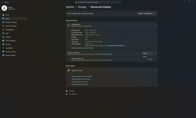 Avancerade skärminställningar i Windows med alternativ för uppdateringsfrekvens
