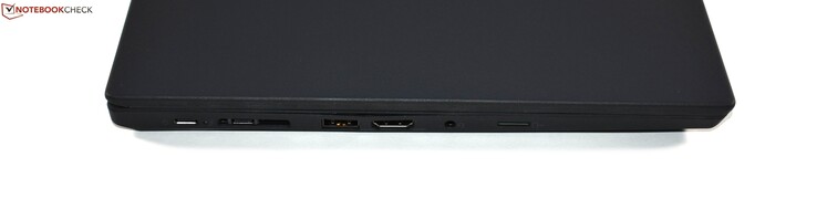 Vänster sida: USB 3.1 Gen1 Typ C, Thunderbolt 3, mini Ethernet, USB 3.0 Typ A, HDMI, 3.5 mm ljudanslutning, microSD-kortläsare