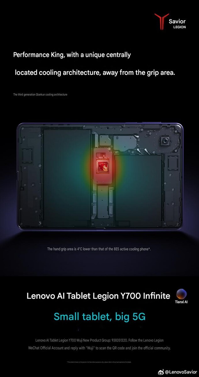 Lenovo Legion Y700 Infinites interna uppbyggnad visar den centralt placerade Snapdragon-processorn och kylarkitekturen som är utformad för att hålla surfplattans greppområde svalare under spelande.