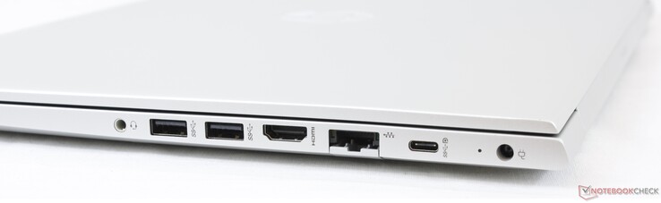 Höger: 3.5 mm kombinerad ljudanslutning, 2x USB 3.1 Gen. 1 Typ A, HDMI 1.4b, Gigabit RJ-45, USB 3.1 Typ C med DP och PD