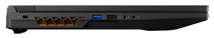 Vänster sida: plats för kabellås, USB 3.2 Gen 1 (USB-A), USB 2.0 (USB-A), mikrofoningång, ljudkombination