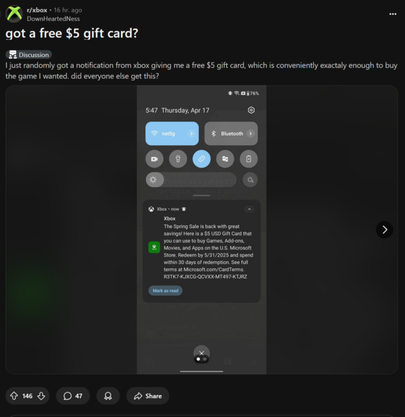Xbox Reddit-inlägg om gratis presentkortskoder (Bildkälla: skärmdump, Xbox subreddit)