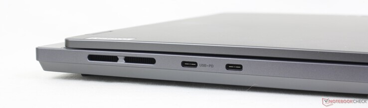 Vänster: 1x USB-C 3.2 Gen. 2 + DisplayPort 1.4 + 140 W Power Delivery, 1x USB-C 3.2 Gen. 2 + DisplayPort 1.4