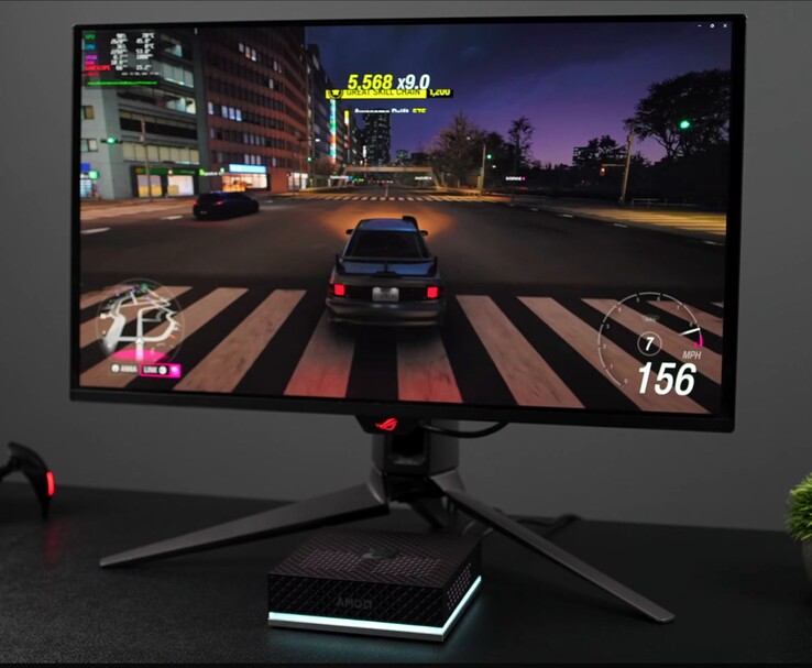 En AMD Ryzen AI Max+ 395 mini-PC som kör spel via SteamOS på en extern spelskärm