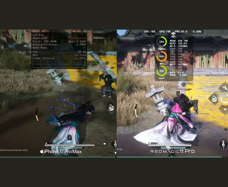 Where Winds Meet Mobil prestandajämförelse mellan iPhone 17 Pro Max och RedMagic 11 Pro med mätvärden på skärmen (Bildkälla: Dame Tech via YouTube)