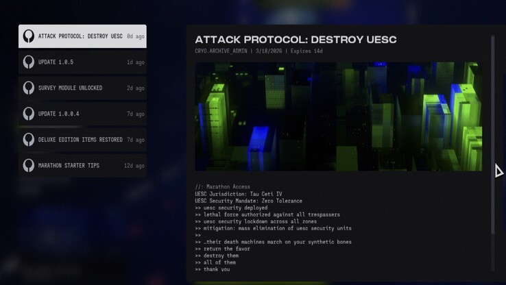 Maraton nyhetspanel som visar uppdatering 1.0.5 och relaterad ny innehållsinformation.