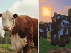 En skärmdump från Minecraft Tiny Takeover Update som jämför kor i spelet med en riktig ko