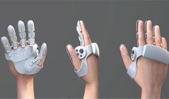 Prototyphandsken täcker delvis handen och fokuserar på fingertopparnas yta (Bild med tillstånd: Sharp)