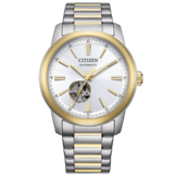 Citizen NH9154-51A tvåfärgad automatisk klocka med silverfärgad urtavla, guldfärgad bezel och mittlänkar på armbandet samt en öppen hjärtdisplay ovanför klockan 6.