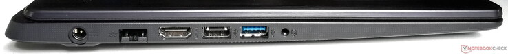 Vänster sida: Nätadapter, Gigabit LAN, HDMI, USB 2.0 Typ A, USB 3.1 Typ A, 3.5 mm ljudanslutning