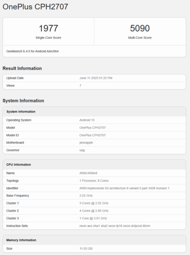 OnePlus Nord 5 Geekbench-lista (bildkälla: Geekbench)