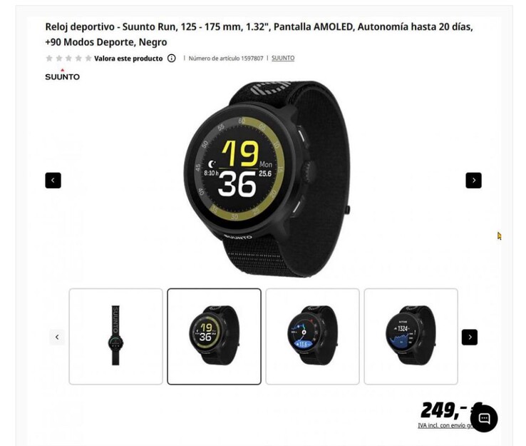 Suunto Run-klockans produktlista på MediaMarkt Spain. (Bildkälla: u/GoatInformal9622 via Reddit)