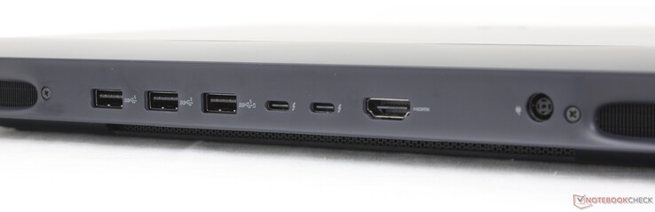 Baksida: 3x USB-A 3.2 Gen. 1 (5 Gbps), 2x USB-C Thunderbolt 5 med DisplayPort 2.1 + Power Delivery, HDMI 2.1, AC-adapter