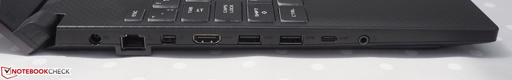 Vänster: Nätadapter, RJ45 LAN, Mini-DisplayPort, HDMI, 2x USB-A, USB-C, ljud