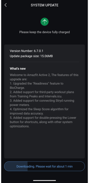 Release Notes för programvaruversion 6.7.0.1 för Amazfit Active 2 smartklockor. (Bildkälla: u/kruzin_tv via Reddit)