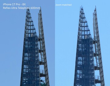 iPhone 17 Pro - 24 x förlustfri zoom med 300-600 mm-objektivet (vänster) jämfört med 24 x digital zoom (höger).