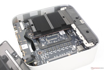 Om man tar bort dammskyddet syns den löstagbara WLAN-modulen och två M.2 PCIe4 x4 2280 SSD-platser under värmespridaren