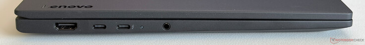 Vänster sida: HDMI 2.1, USB-C 3.2 Gen.1 (5 Gbps, DisplayPort 1.2, Power Delivery), USB-C 4.0 med Thunderbolt 4 (40 Gbps, DisplayPort 2.1, Power Delivery), 3,5 mm stereo