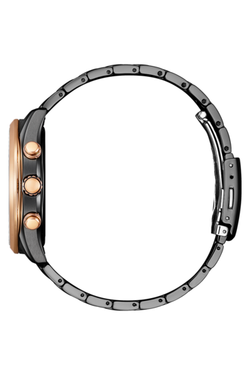 Sidovy av Citizen Eco-Drive BY1036-53L som visar dess roséguldfärgade bezel, krona och tryckknappar samt det svarta armbandet