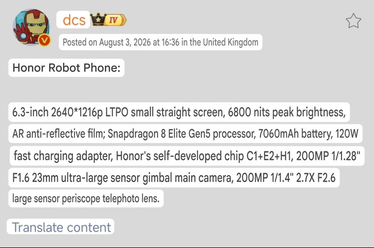 Specifikationer för Honor Robot Phone beskrivs i detalj i DCS:s inlägg på Weibo