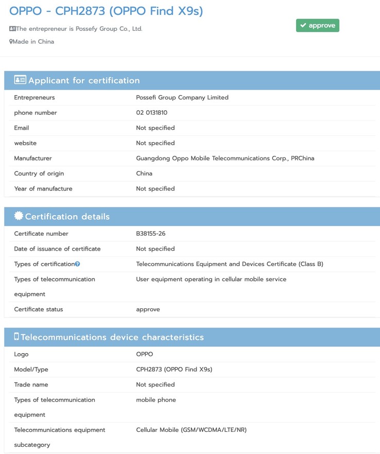 Oppo Find X9s klarar NBTC-certifiering.