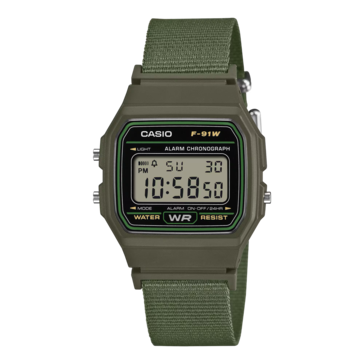 Casio F-91WF-3A med ett olivgrönt tygarmband.