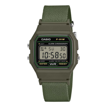 Casio F-91WF-3A digitalklocka med svart boett med gröna detaljer och vävt grönt tygarmband.