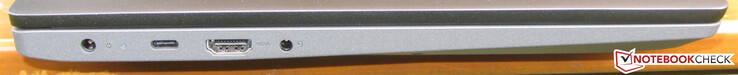 Vänster: Nätadapter, USB 3.2 Gen 2 (Typ C; DisplayPort, Power Delivery), HDMI, Kombinerad ljudanslutning