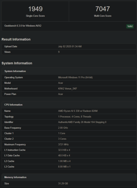 Ryzen AI 5 330 Geekbench-listning (bildkälla: Geekbench)