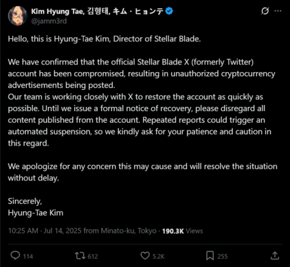 Hyung-Tae Kim inlägg på Stellar Blade X kontohack (Bildkälla: skärmdump, Hyung-Tae Kim X-konto)