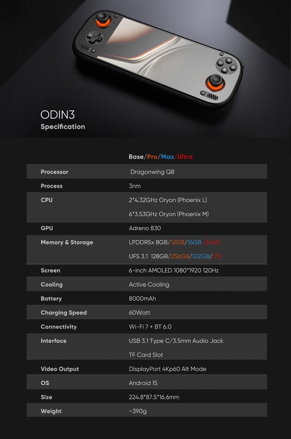AYN har modifierat Odin 3-specifikationsbladet för att visa ändringen till UFS 3.1-lagring.