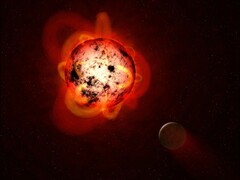 En illustration som visar en röd dvärg och en planet.