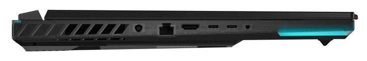 Vänster sida: ström, Gigabit Ethernet (2,5 Gbit), HDMI, Thunderbolt 4 (USB-C; DisplayPort, G-Sync), USB 3.2 Gen 2 (USB-C; Power Delivery, DisplayPort), kombo-port för ljud