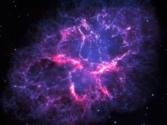 Supernovarester i Krabbnebulosan. (Bildkälla: ESA, Herschel, PACS, MESS Key Programme Supernova Remnant Team ; Nasa, ESA et Allison Loll et Jeff Hester, Arizona State University)