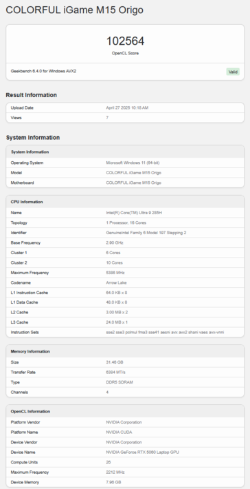 RTX 5060 bärbar dator Geekbench OpenCL-poäng (bildkälla: Geekbench)