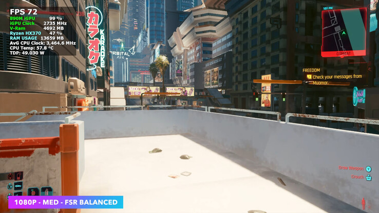 Cyberpunk 2077 körs med ett stabilt 70 FPS-genomsnitt vid medelhöga inställningar med FSR Balanced på AceMagic Retro X5.