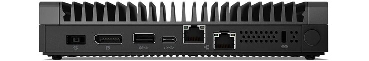 Baksidan: DC in, DisplayPort, USB 3.1 Gen 2 Typ A, USB 3.1 Gen 2 Typ C (med stöd för skärmutgång och strömingång), 2x Ethernet, Kensington-lås