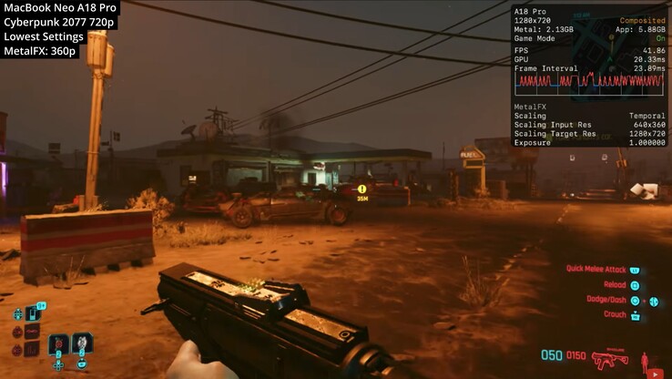 Cyberpunk 2077 körs på Apple MacBook Neo.