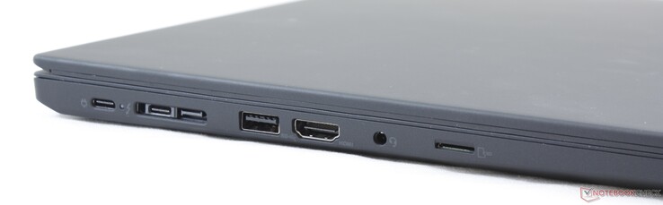 Vänster: USB Typ C Gen. 1, USB Typ C Gen. 2 + Thunderbolt 3, ThinkPad Dock, HDMI 1.4, 3.5 mm kombinerad ljudanslutning, MicroSD-kortläsare