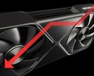 Nvidia RTX 5090 GPU med nedåtriktad pil för att indikera prestandaförlust.