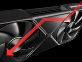 Nvidia RTX 5090 GPU med nedåtriktad pil för att indikera prestandaförlust.