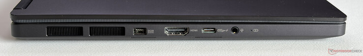 Vänster: Ström, HDMI 2.1 FRL, USB-C 4.0 (40 Gbps, DisplayPort, strömförsörjning), 3,5 mm hörlursuttag