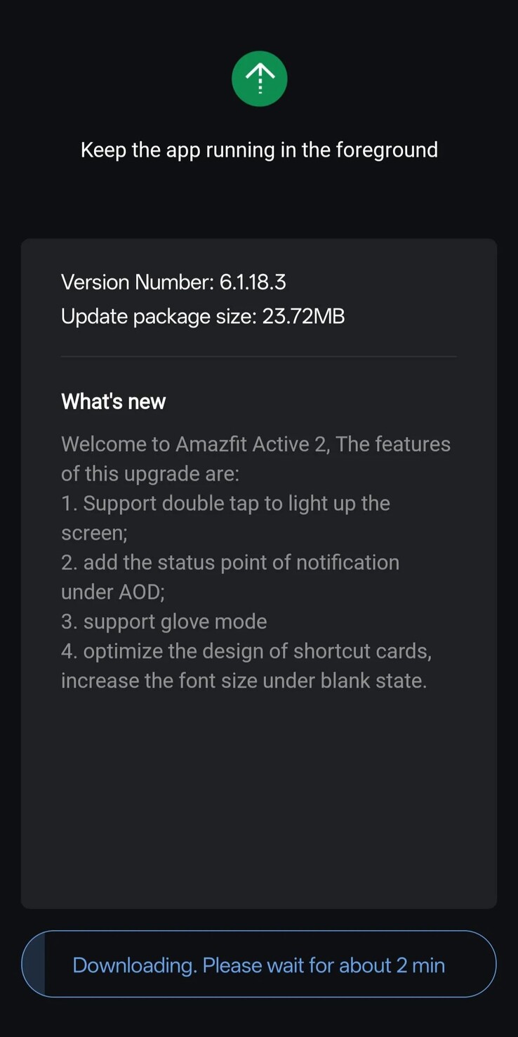 Releaseanteckningarna för mjukvaruversion 6.1.18.3 för Amazfit Active 2. (Bildkälla: u/cliffr39 via Reddit)