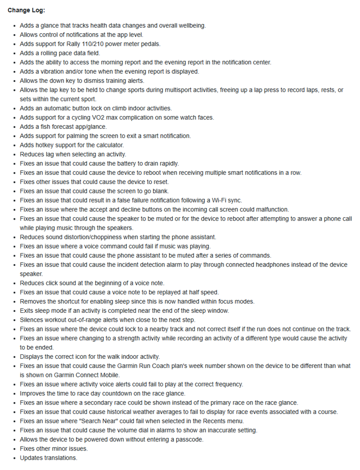 Ändringsloggen för programvaruversion 15.16 för Garmin Forerunner 970 smartwatch. (Bildkälla: Garmin)