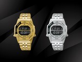 Seiko Rotocall HFL003P i guld och HFL002P i rostfritt stål, uppställda sida vid sida mot en svart bakgrund. Båda modellerna har en negativ LCD-skärm, en vridbar funktionsring och ett integrerat armband i rostfritt stål.
