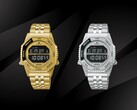 Seiko Rotocall HFL003P i guld och HFL002P i rostfritt stål, uppställda sida vid sida mot en svart bakgrund. Båda modellerna har en negativ LCD-skärm, en vridbar funktionsring och ett integrerat armband i rostfritt stål.