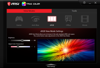 MSI True Color. Inställningen sRGB är inte helt tillförlitlig och skärmen är inte kalibrerad på fabriken
