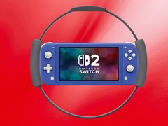 Mockup av Switch 2 Lite omgiven av Ring Fit-kontroller