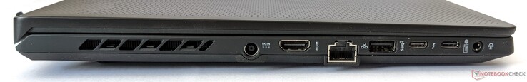 Vänster: Strömanslutning, HDMI 2.0b, Gigabit Ethernet, USB-A 3.2 Gen 2, Thunderbolt 4, USB-C 3.2 Gen 2 (med stöd för DP 1.4 och PD 3.0), kombinerad 3.5 mm port för hörlurar/mikrofon