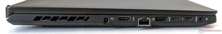 Vänster: Strömanslutning, HDMI 2.0b, Gigabit Ethernet, USB-A 3.2 Gen 2, Thunderbolt 4, USB-C 3.2 Gen 2 (med stöd för DP 1.4 och PD 3.0), kombinerad 3.5 mm port för hörlurar/mikrofon